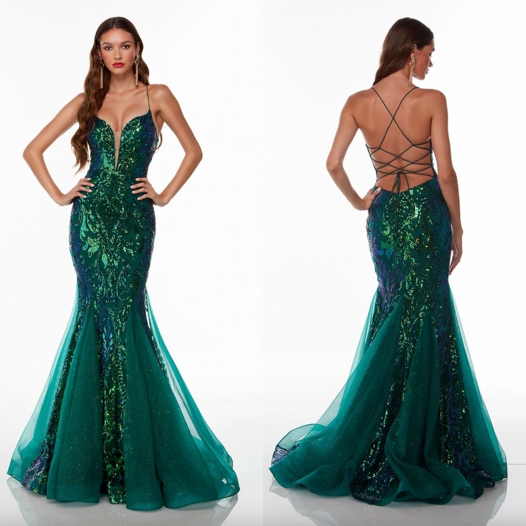 Dark Green Glitter Lace Satin Mermaid Prom Dress