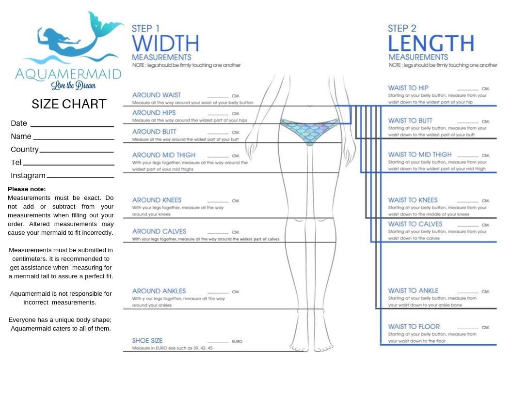 AquaMermaid custom mermaid tail size chart