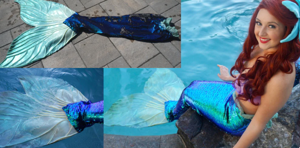 Navy blue sequin silicone mermaid tail with iridescent fluke