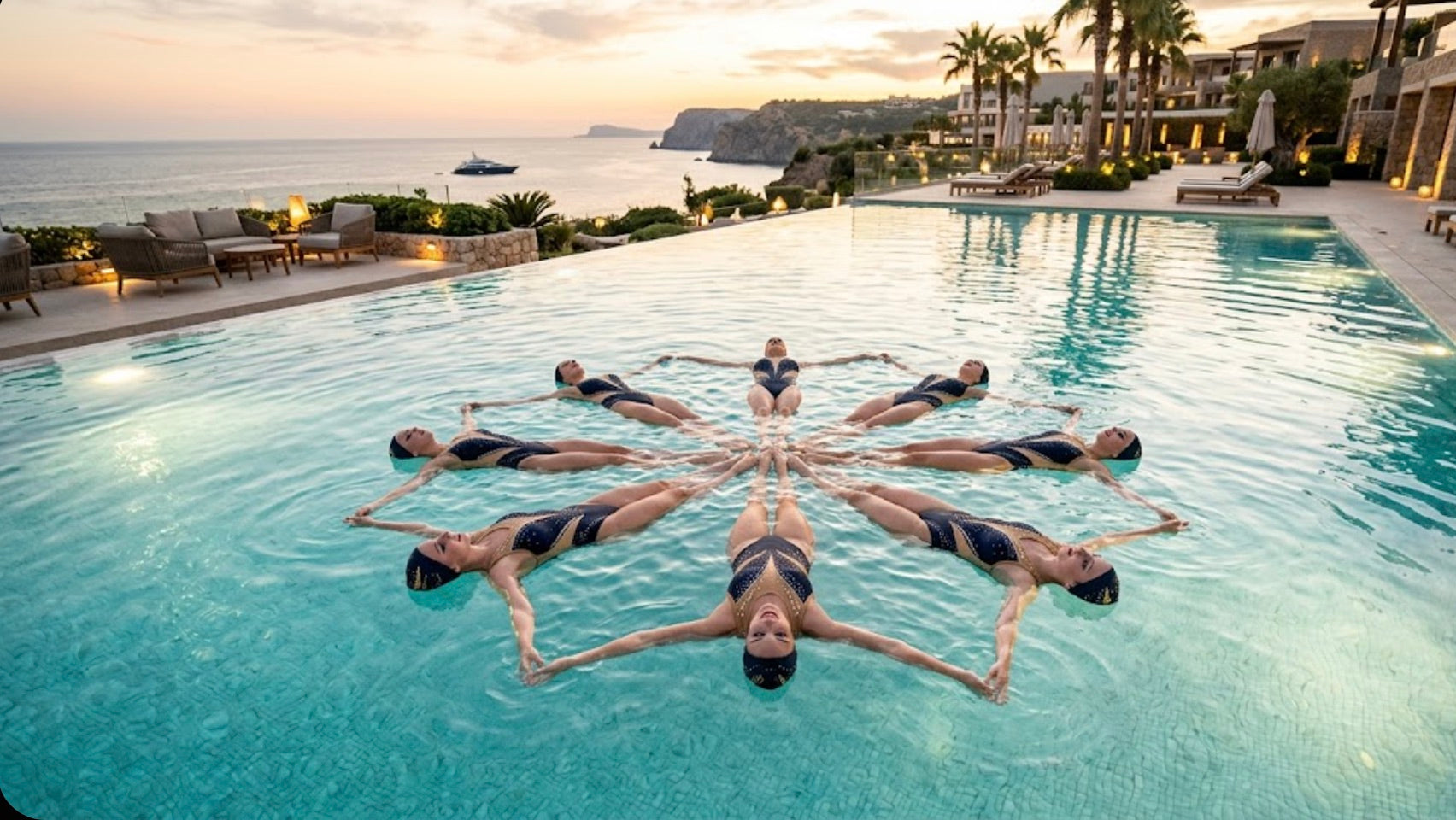 Synchronized swimmers performing at luxury resort pool
